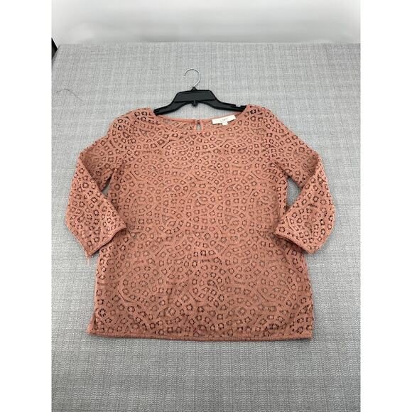 Ann Taylor Tops - The Loft Shirt Womens Medium Lace Blouse Pink Crochet Pullover Geometric Pattern